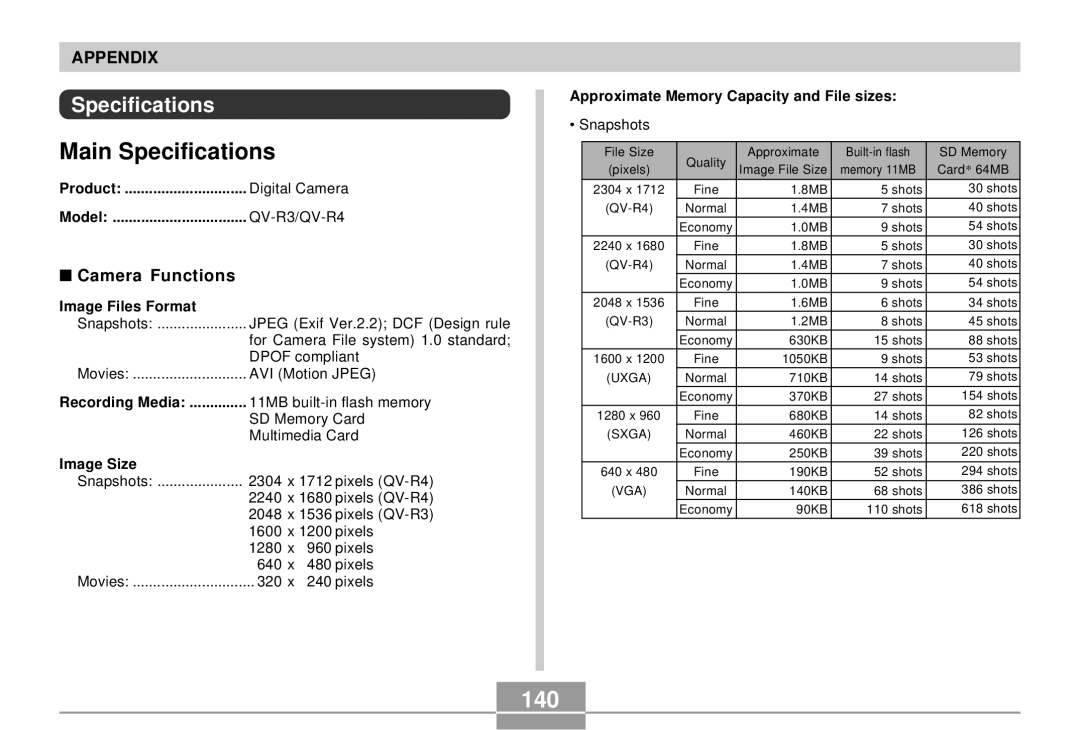 Casio QV-R4 manual Main Specifications, 140, Camera Functions 