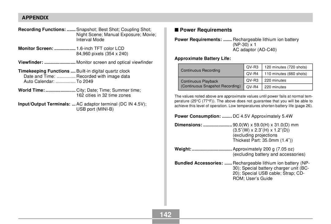 Casio QV-R4 manual 142, Power Requirements 