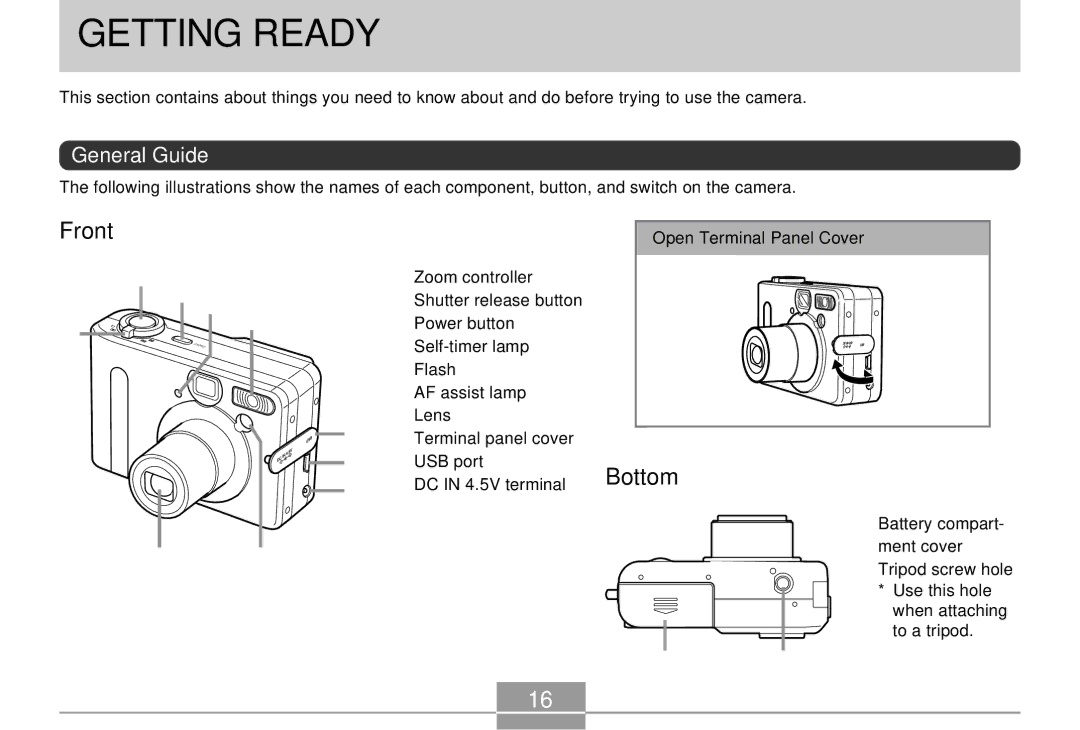 Casio QV-R4 manual Getting Ready, Front, Bottom, General Guide, Open Terminal Panel Cover 