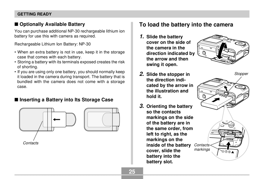 Casio QV-R4 manual Optionally Available Battery, Inserting a Battery into Its Storage Case, Slide the stopper 