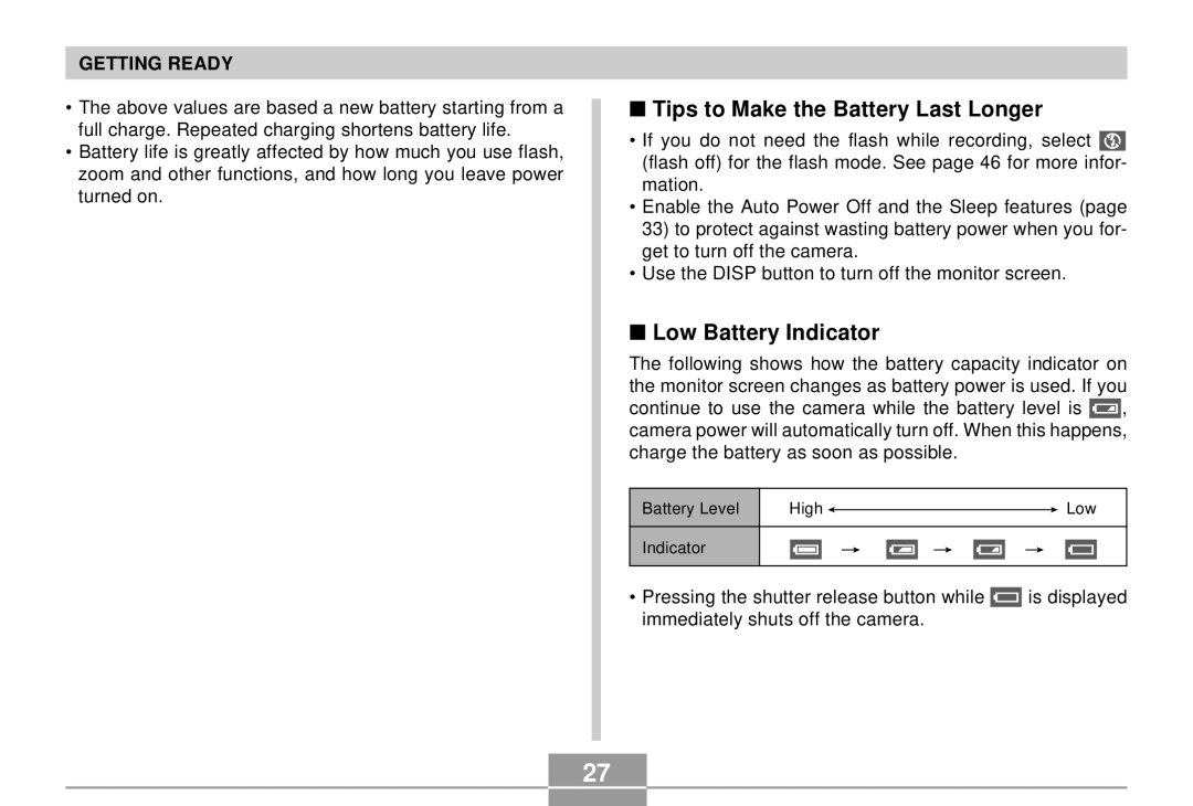 Casio QV-R4 manual Tips to Make the Battery Last Longer, Low Battery Indicator 