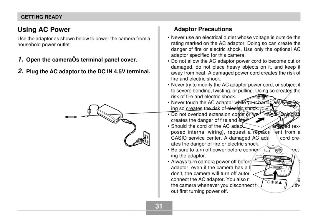 Casio QV-R4 manual Using AC Power, Adaptor Precautions 