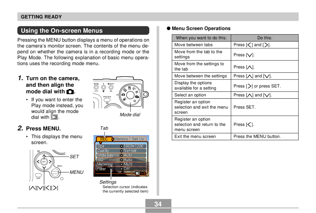 Casio QV-R4 manual Using the On-screen Menus, Turn on the camera Then align the mode dial with, Menu Screen Operations 