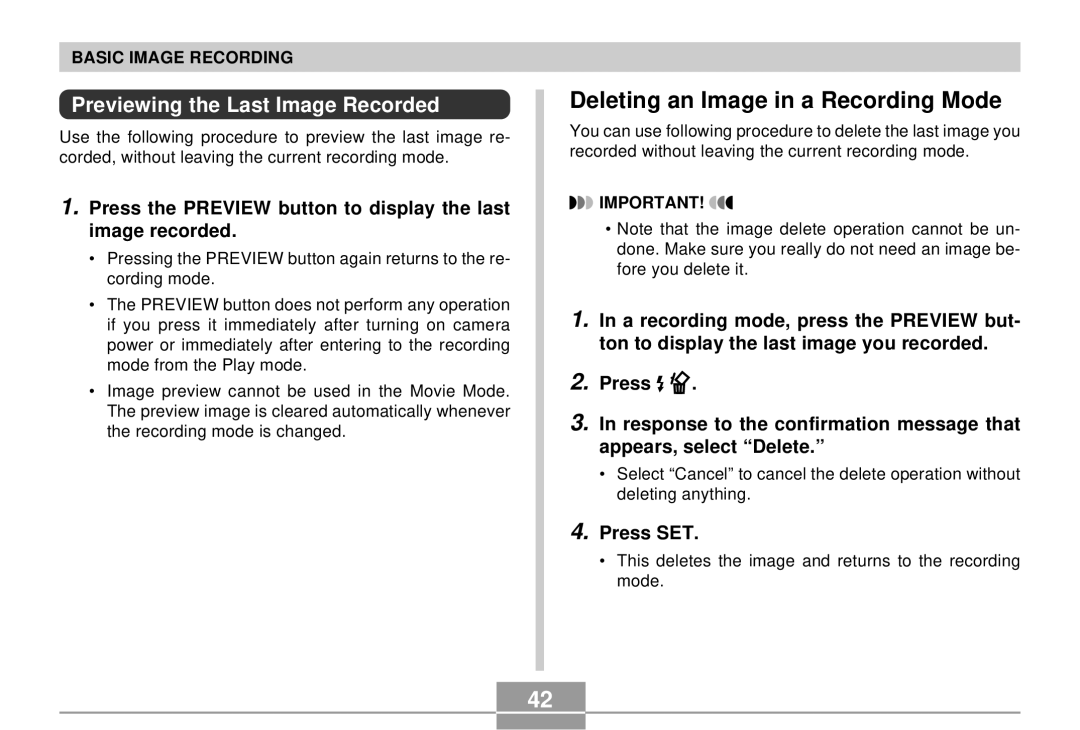 Casio QV-R4 manual Deleting an Image in a Recording Mode, Previewing the Last Image Recorded, Press SET 