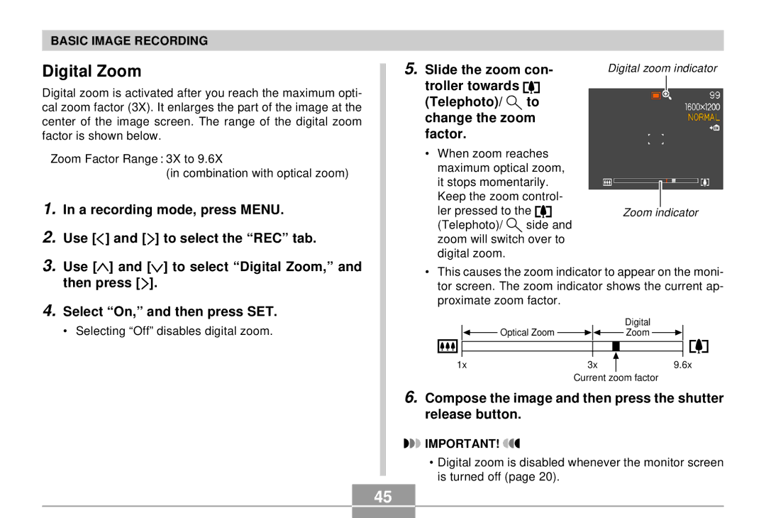 Casio QV-R4 manual Digital Zoom, A recording mode, press Menu, Then press, Select On, and then press SET 