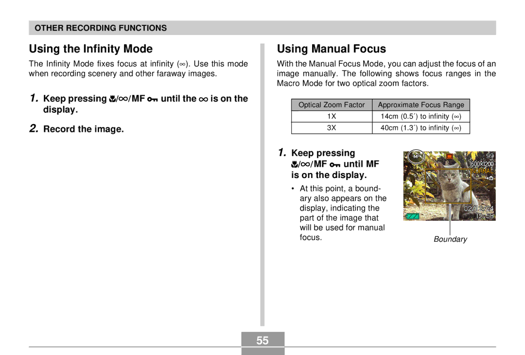 Casio QV-R4 manual Using the Infinity Mode, Using Manual Focus, Keep pressing MF until MF is on the display 