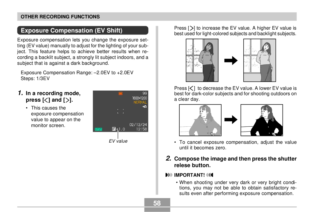 Casio QV-R4 manual Exposure Compensation EV Shift, A recording mode, press 