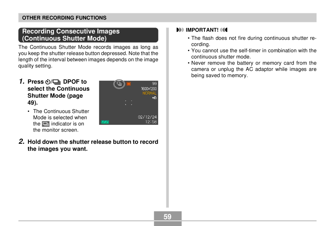 Casio QV-R4 manual Recording Consecutive Images Continuous Shutter Mode, Press / Dpof to select the Continuous Shutter Mode 