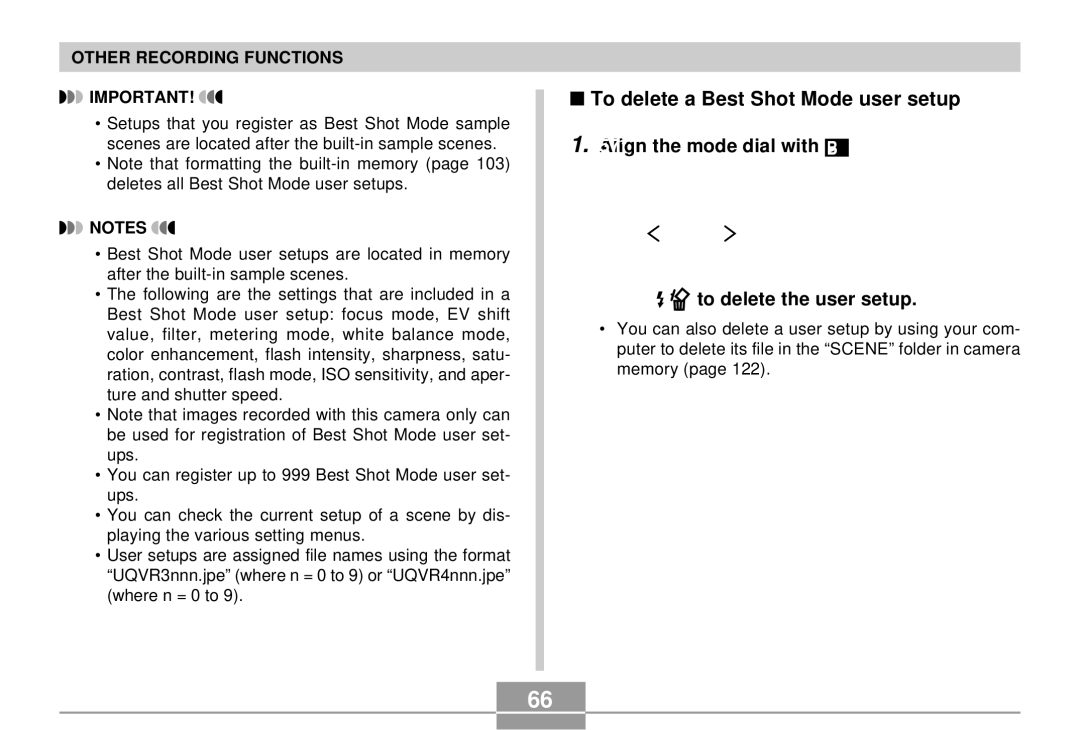 Casio QV-R4 manual To delete a Best Shot Mode user setup 