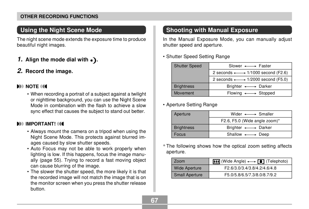 Casio QV-R4 manual Using the Night Scene Mode, Shooting with Manual Exposure, Align the mode dial with Record the image 