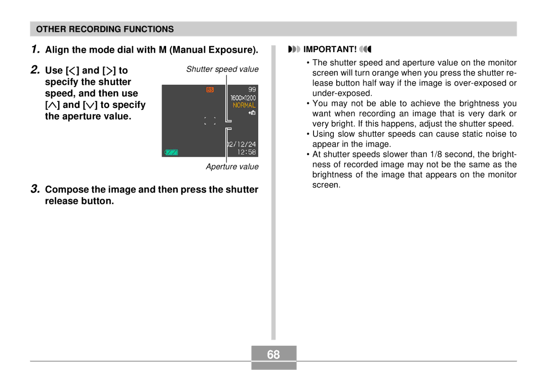 Casio QV-R4 manual Align the mode dial with M Manual Exposure Use and to 