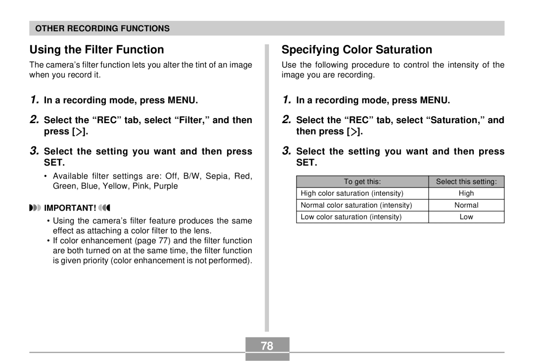 Casio QV-R4 manual Using the Filter Function, Specifying Color Saturation 