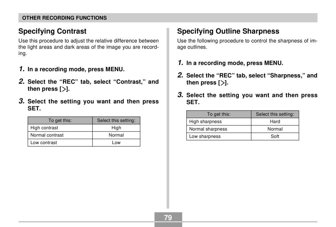 Casio QV-R4 manual Specifying Contrast, Specifying Outline Sharpness 