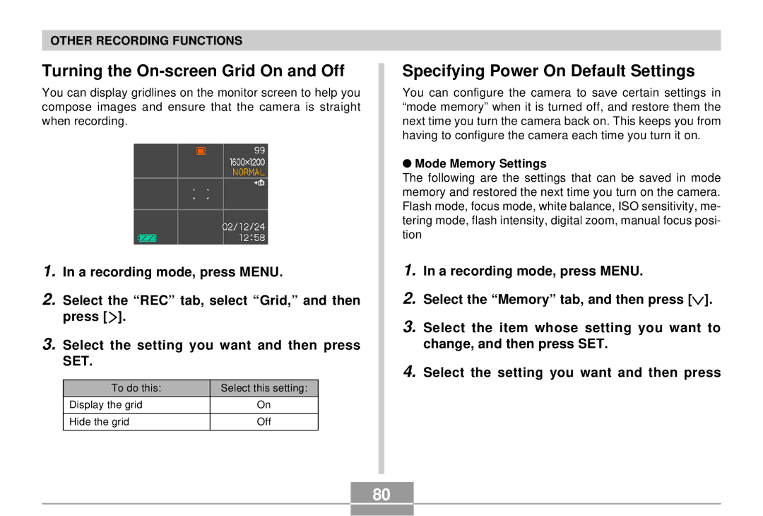 Casio QV-R4 manual Turning the On-screen Grid On and Off, Specifying Power On Default Settings, Mode Memory Settings 