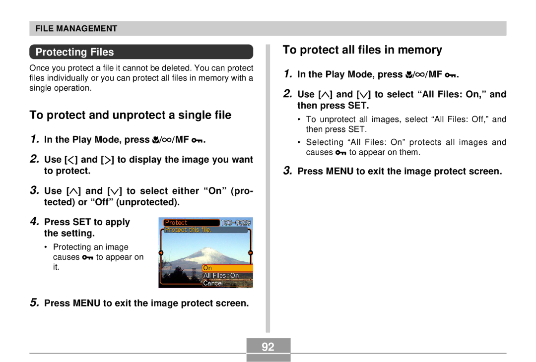 Casio QV-R4 manual To protect and unprotect a single file, To protect all files in memory, Protecting Files 