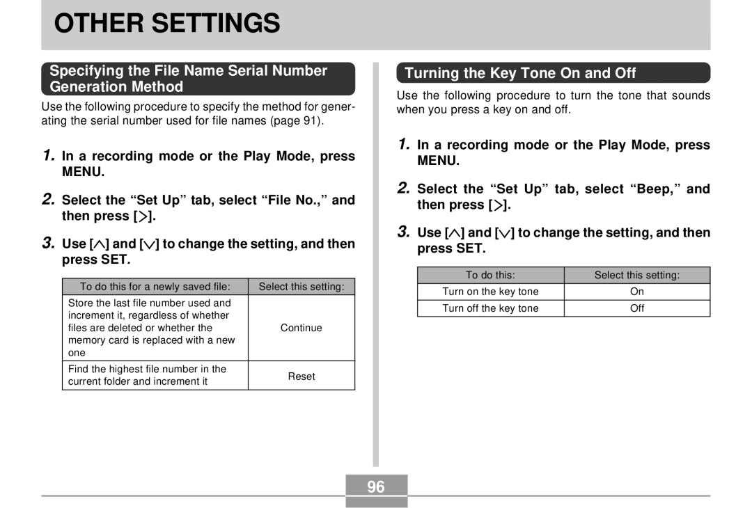 Casio QV-R4 Other Settings, Specifying the File Name Serial Number Generation Method, Turning the Key Tone On and Off 