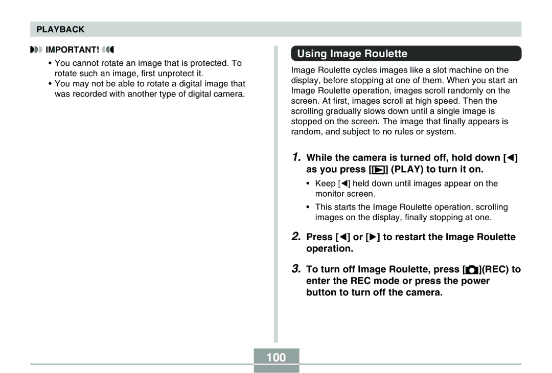 Casio QV-R40 manual 100, Using Image Roulette 