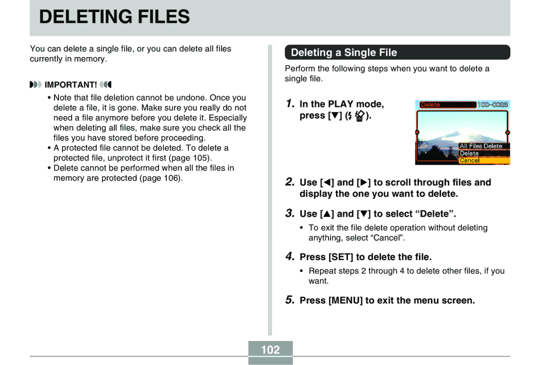 Casio QV-R40 Deleting Files, 102, Deleting a Single File, Press SET to delete the file, Press Menu to exit the menu screen 