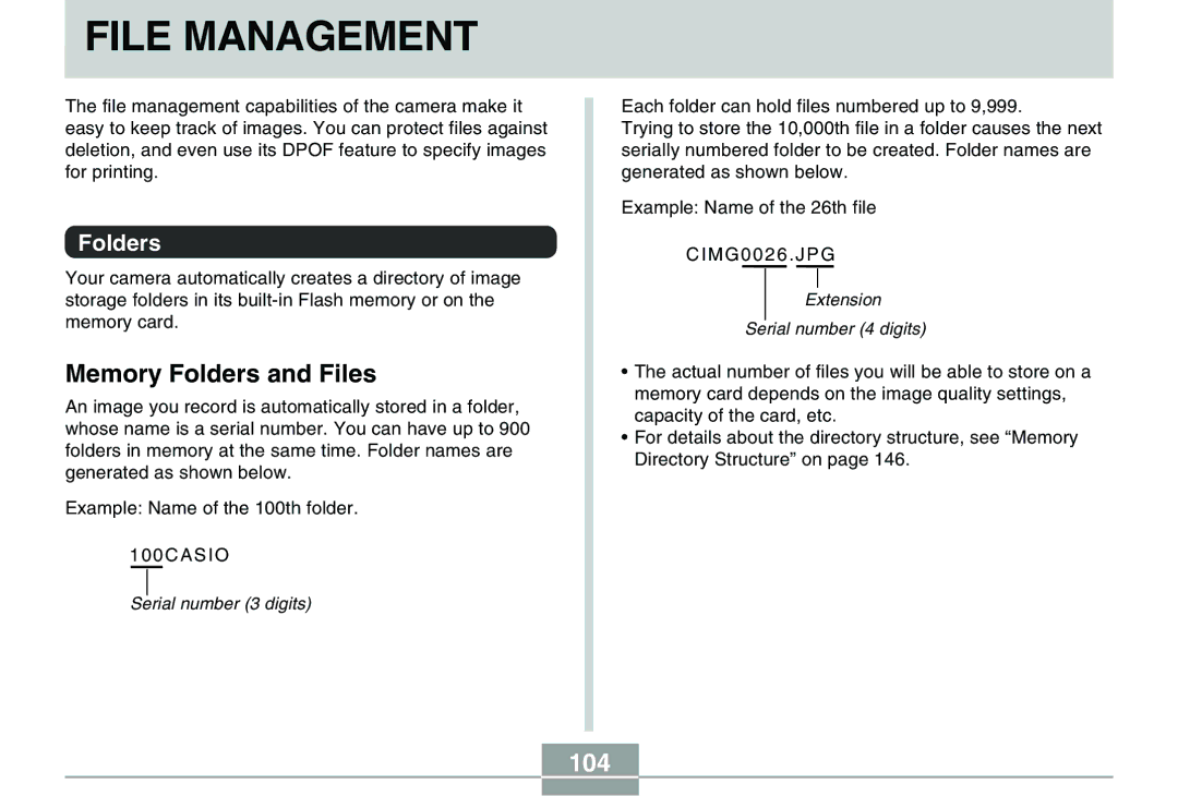 Casio QV-R40 manual File Management, Memory Folders and Files, 104 