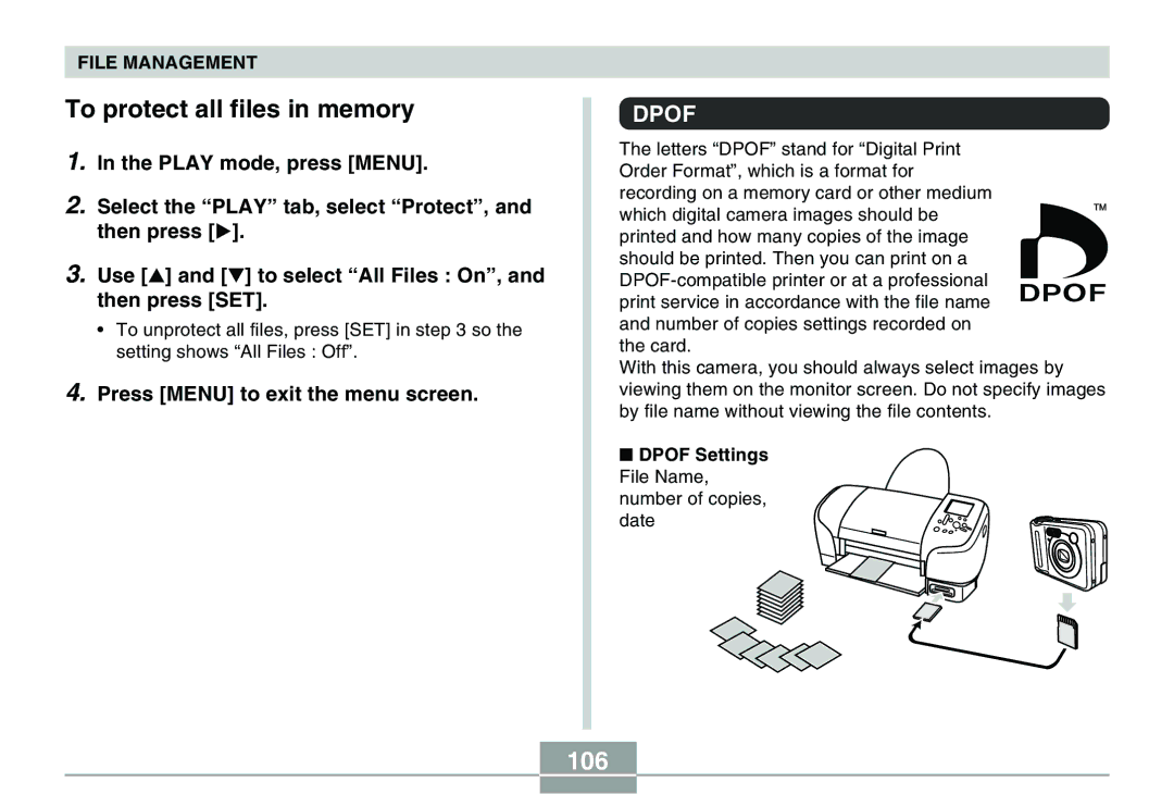 Casio QV-R40 manual To protect all files in memory, 106, Dpof Settings File Name, number of copies 