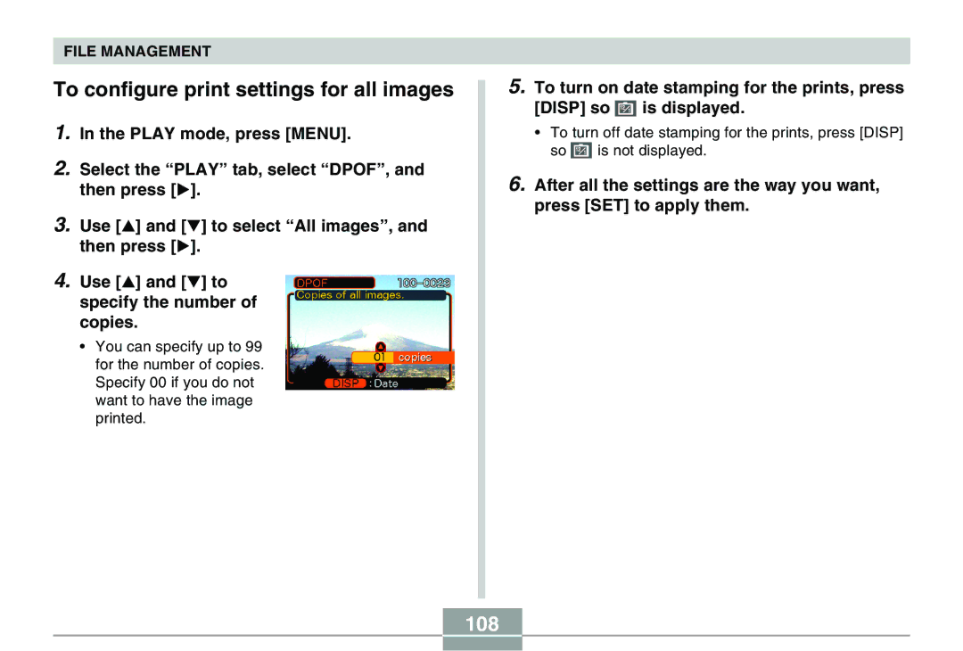 Casio QV-R40 manual To configure print settings for all images, 108 