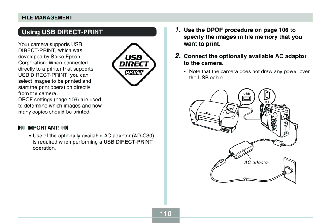 Casio QV-R40 manual 110, Using USB DIRECT-PRINT 