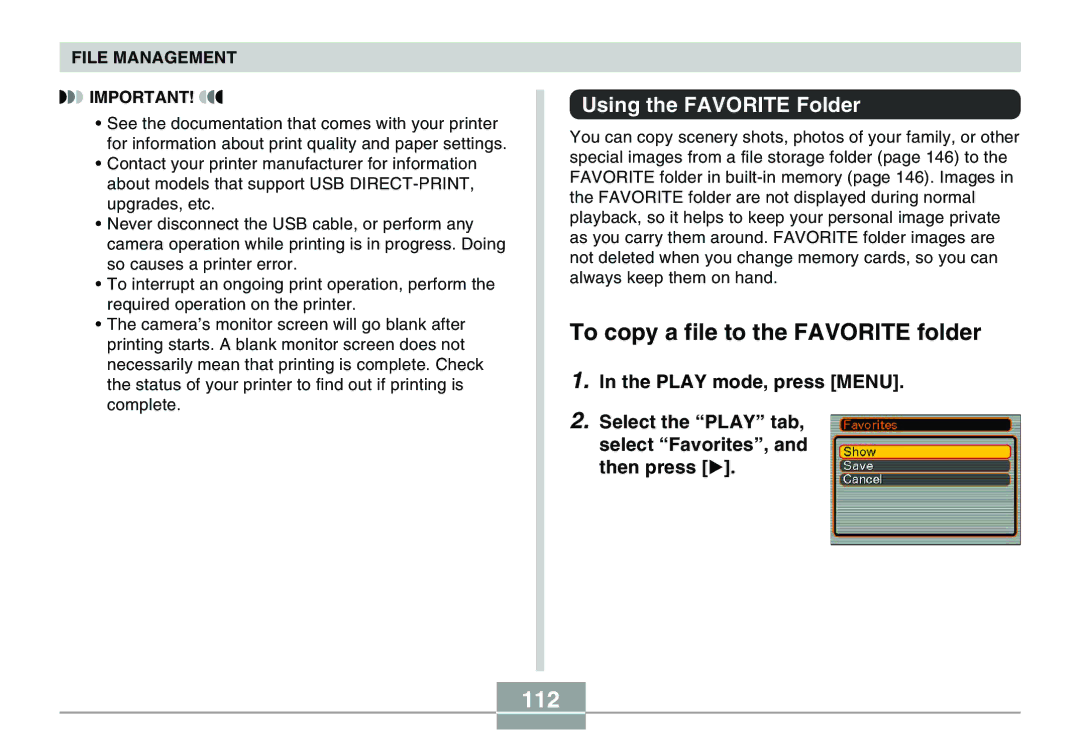 Casio QV-R40 manual To copy a file to the Favorite folder, 112, Using the Favorite Folder, Disp 