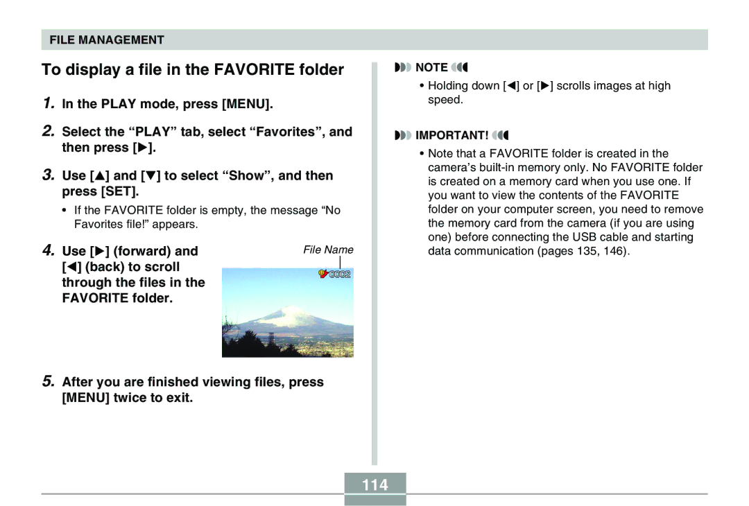 Casio QV-R40 manual To display a file in the Favorite folder, 114, Use forward 