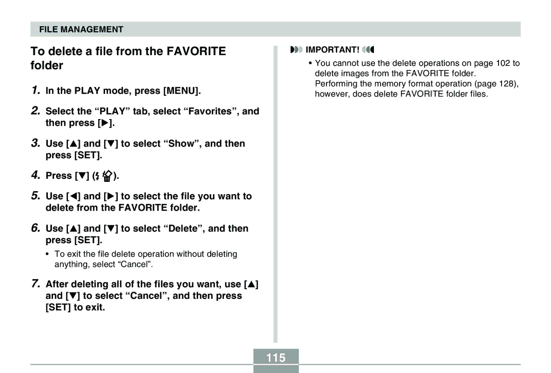 Casio QV-R40 manual To delete a file from the Favorite folder, 115 