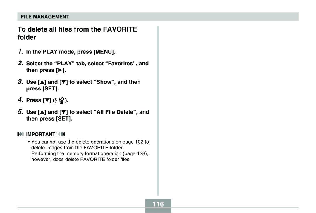 Casio QV-R40 manual To delete all files from the Favorite folder, 116 