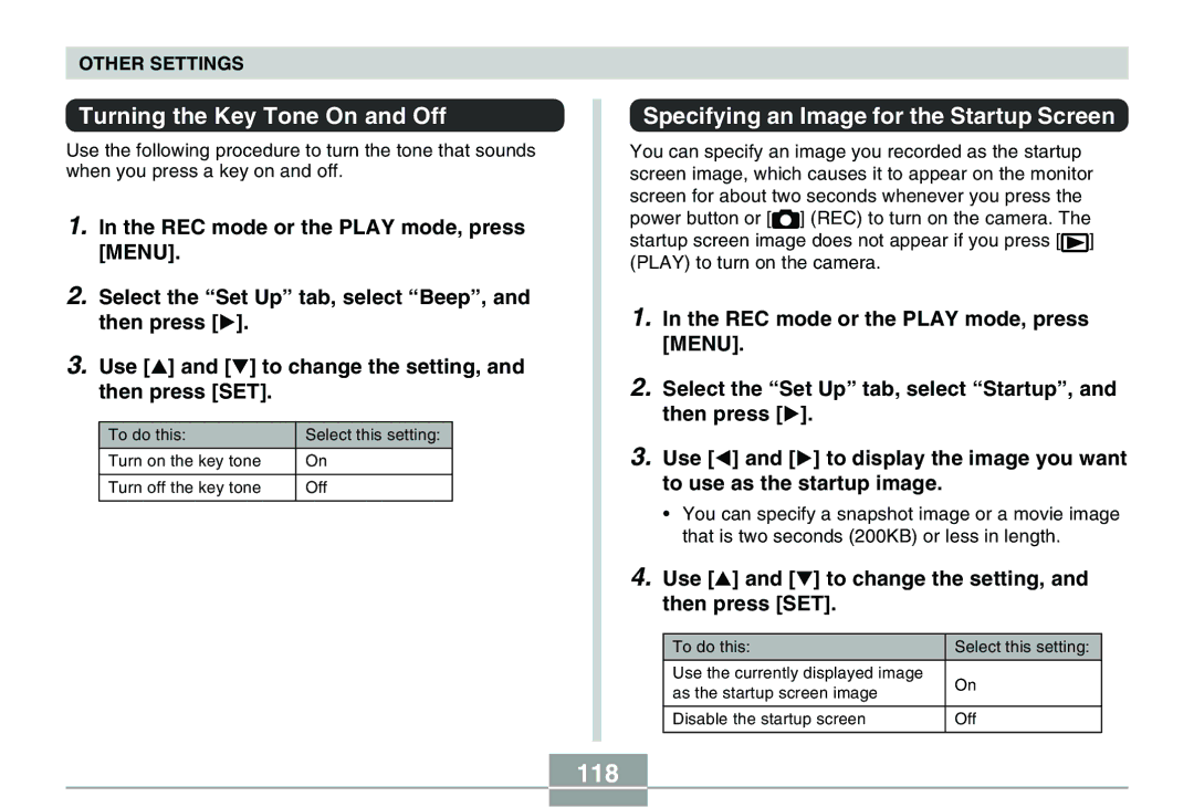 Casio QV-R40 manual 118, Turning the Key Tone On and Off, Specifying an Image for the Startup Screen 