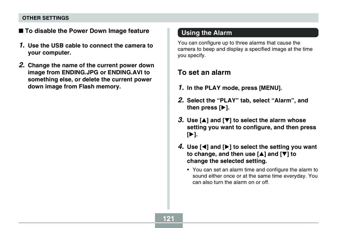 Casio QV-R40 manual To set an alarm, 121, To disable the Power Down Image feature, Using the Alarm 