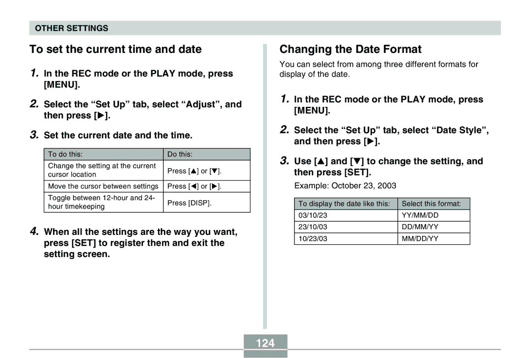 Casio QV-R40 manual To set the current time and date, Changing the Date Format, 124 