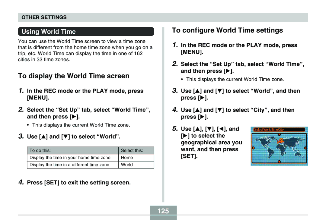 Casio QV-R40 manual To display the World Time screen, To configure World Time settings, 125, Using World Time 