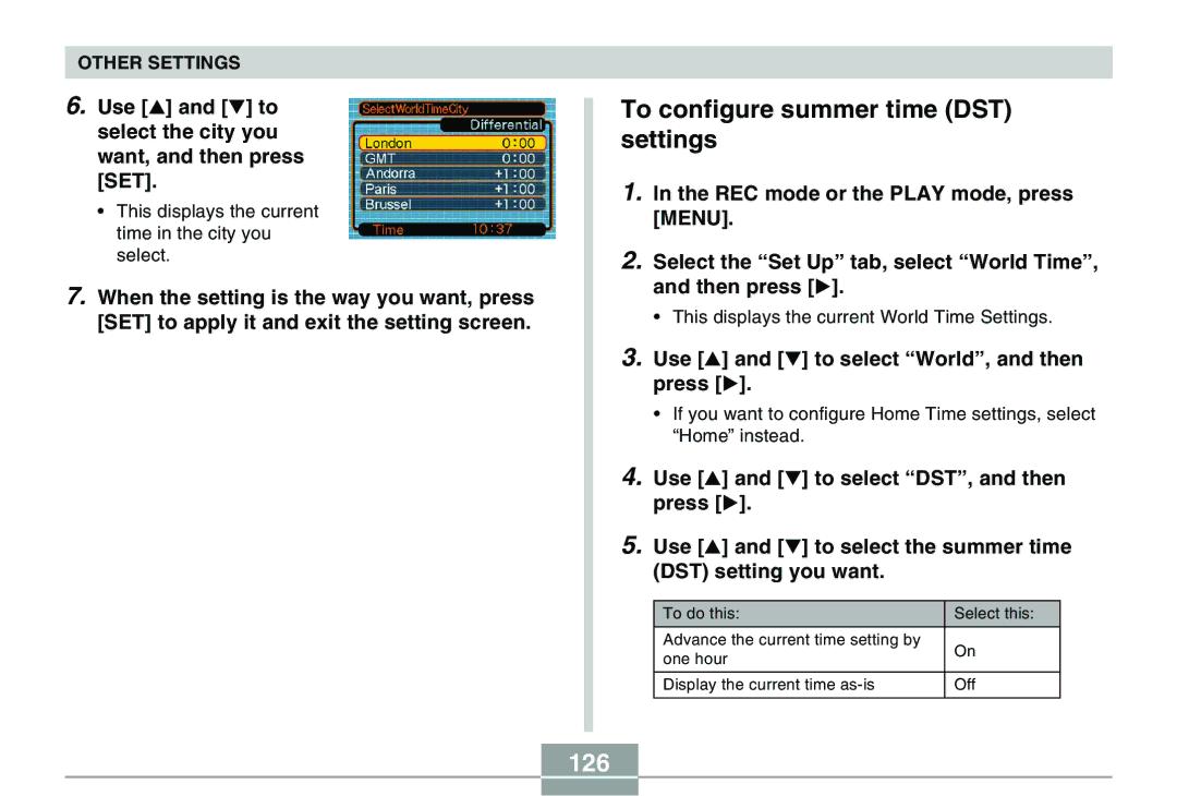 Casio QV-R40 manual To configure summer time DST settings, 126, Use and to select World, and then Press 