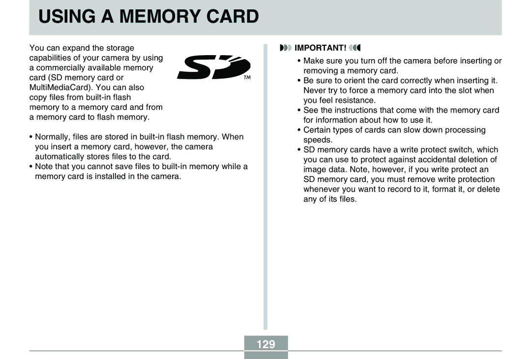 Casio QV-R40 manual Using a Memory Card, 129 