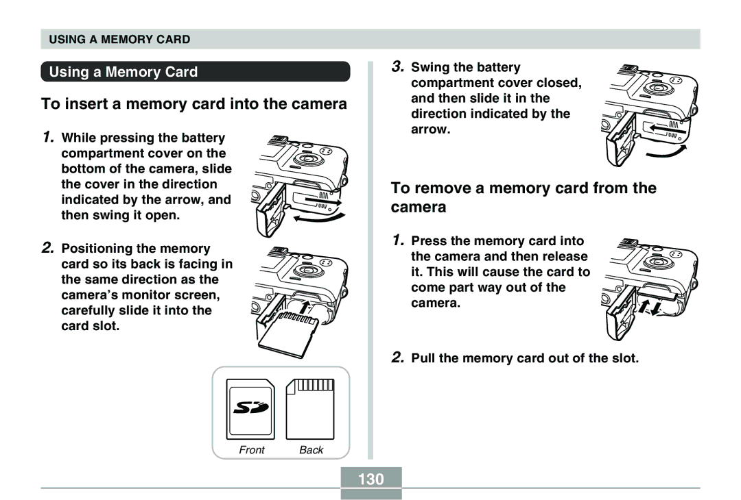 Casio QV-R40 To insert a memory card into the camera, To remove a memory card from the camera, 130, Using a Memory Card 