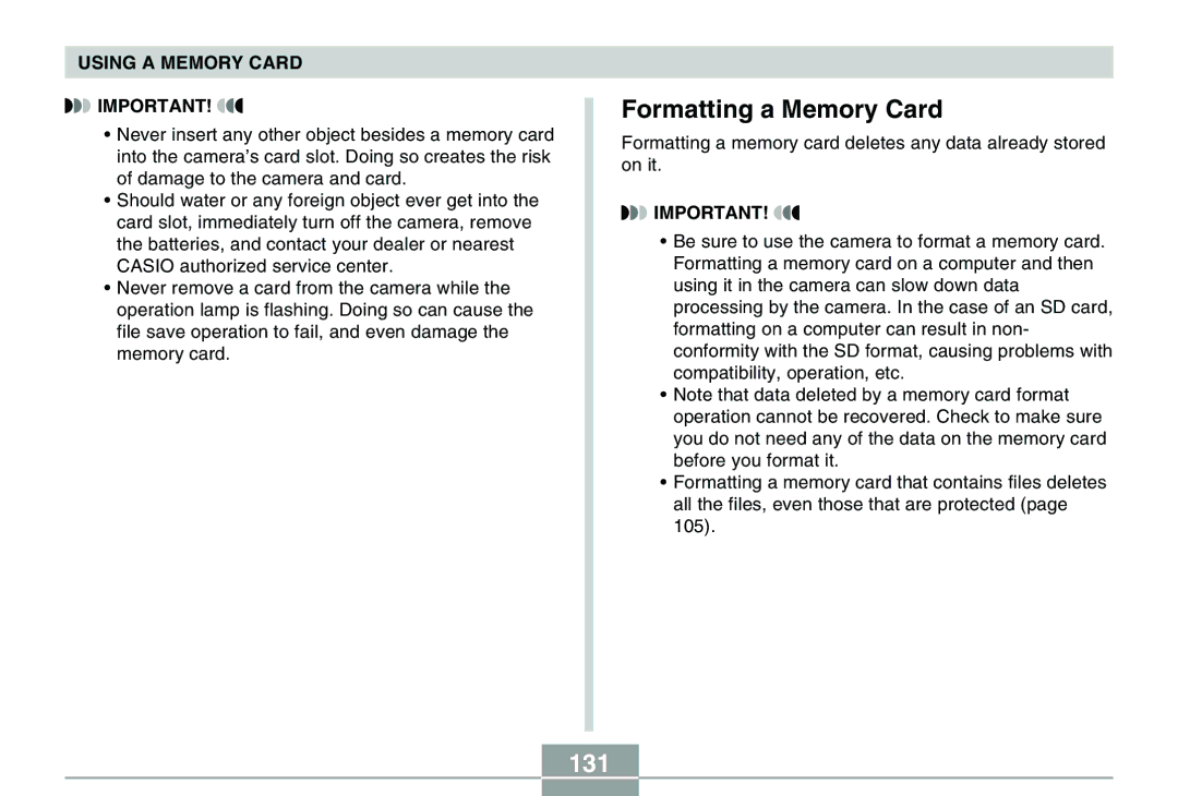 Casio QV-R40 manual Formatting a Memory Card, 131 