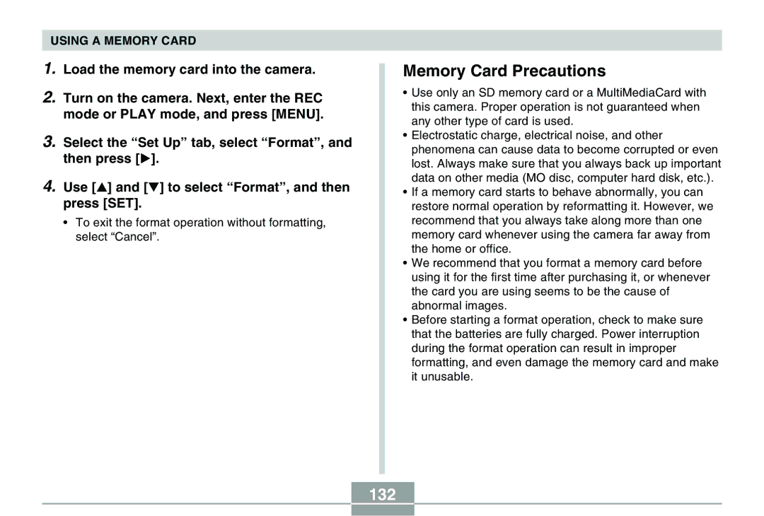 Casio QV-R40 manual Memory Card Precautions, 132 