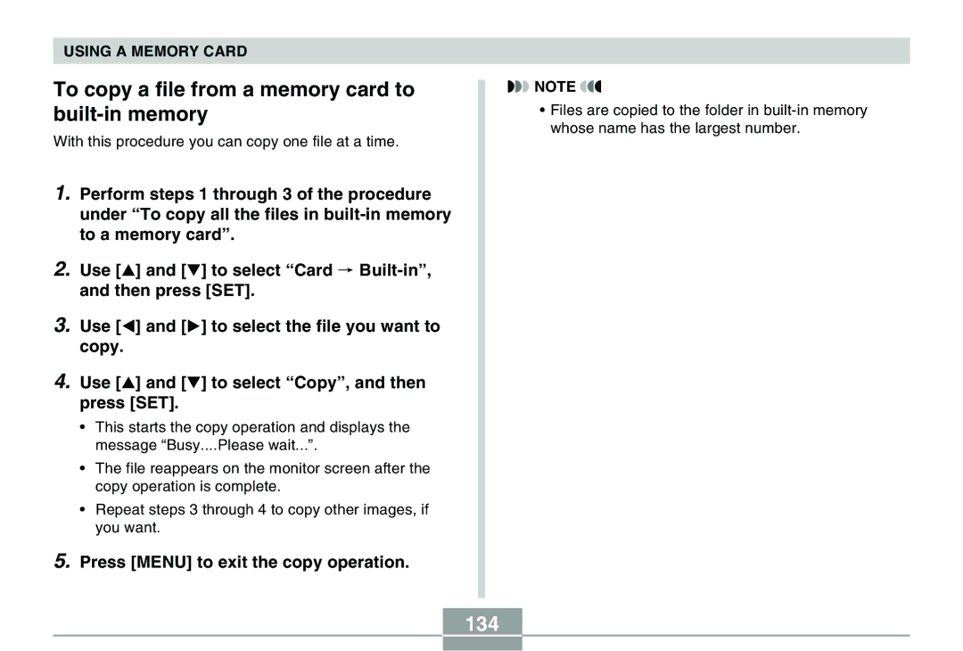 Casio QV-R40 manual To copy a file from a memory card to built-in memory, 134, Press Menu to exit the copy operation 