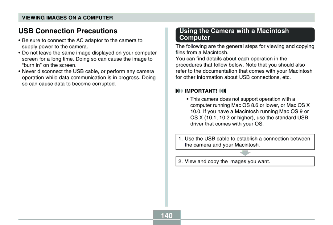 Casio QV-R40 manual USB Connection Precautions, 140, Using the Camera with a Macintosh Computer 