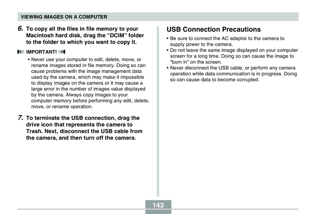 Casio QV-R40 manual USB Connection Precautions, 143 