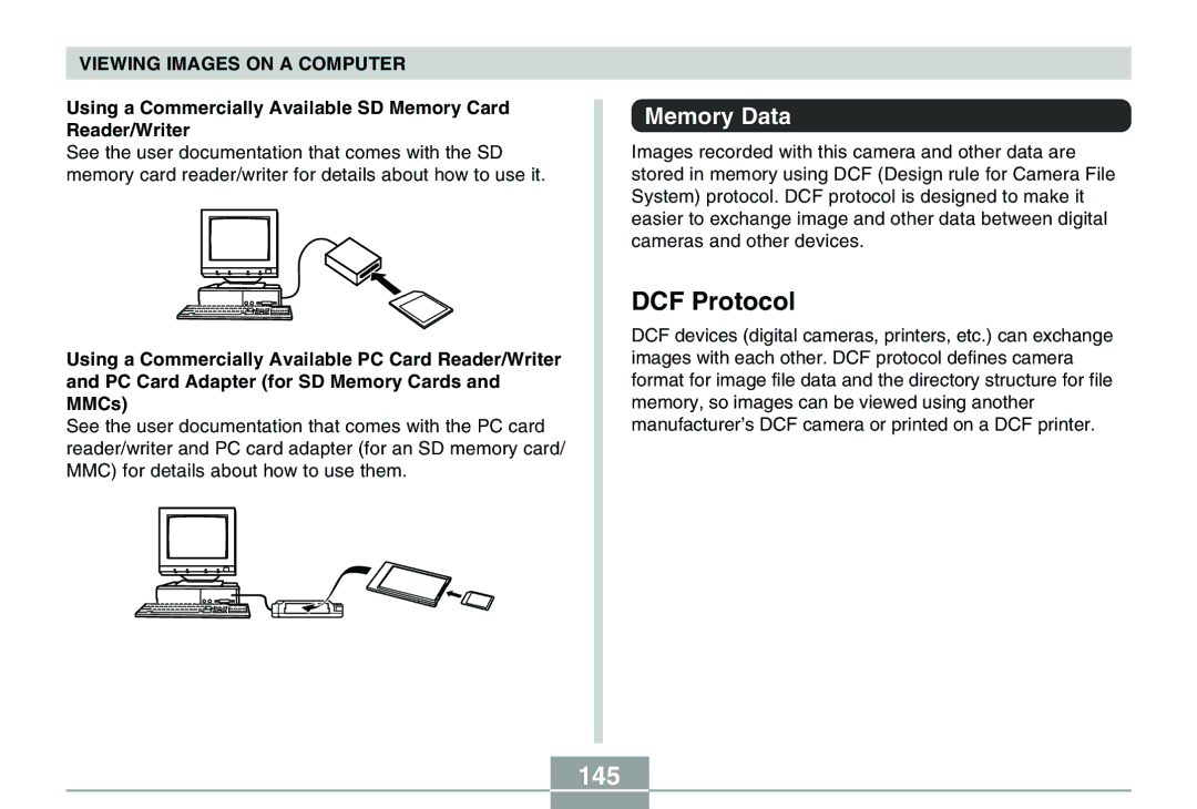 Casio QV-R40 manual DCF Protocol, 145, Memory Data, Using a Commercially Available SD Memory Card Reader/Writer 