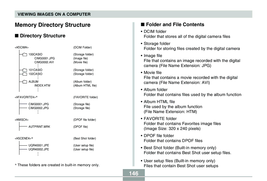 Casio QV-R40 manual Memory Directory Structure, 146, Folder and File Contents 