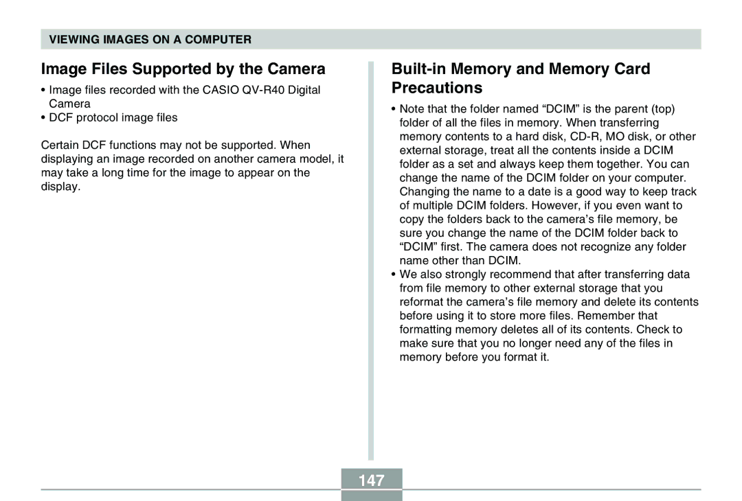 Casio QV-R40 manual Image Files Supported by the Camera, Built-in Memory and Memory Card Precautions, 147 