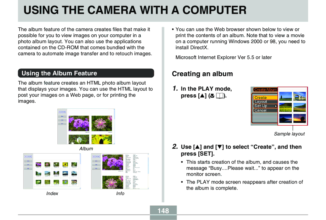 Casio QV-R40 manual Using the Camera with a Computer, Creating an album, 148, Using the Album Feature 