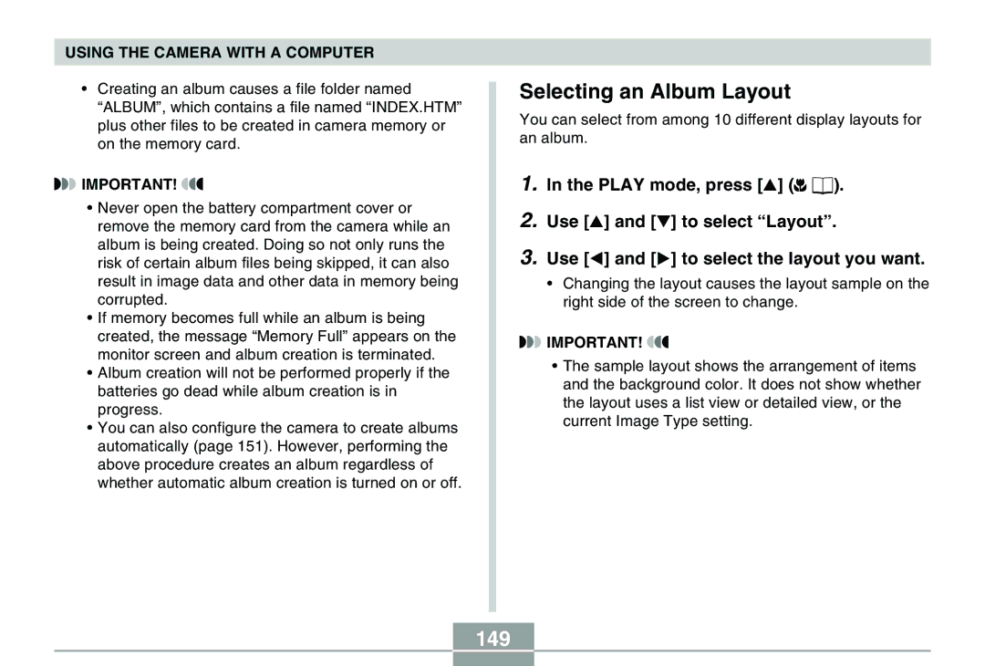 Casio QV-R40 manual Selecting an Album Layout, 149 