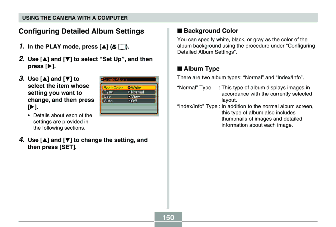 Casio QV-R40 manual Configuring Detailed Album Settings, 150, Background Color, Album Type 