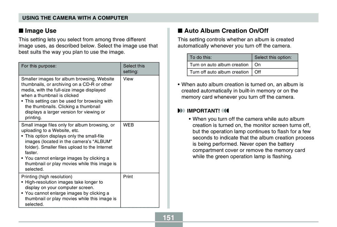 Casio QV-R40 manual 151, Image Use, Auto Album Creation On/Off 