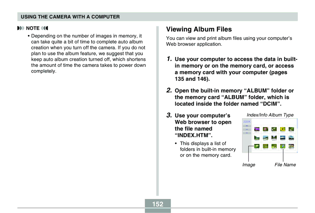 Casio QV-R40 manual Viewing Album Files, 152, Web browser to open File named 